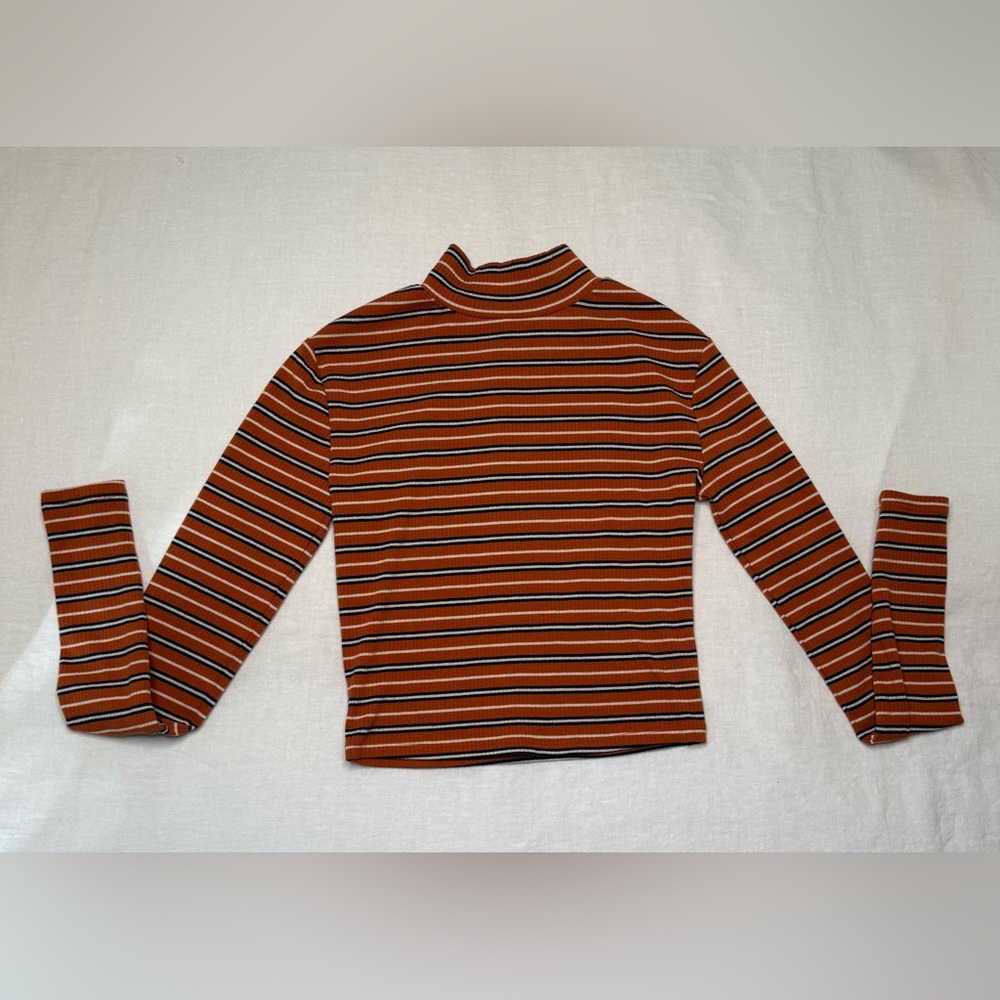 Arizona Jean Co Orange Ribbed Striped Crop Mock Turtleneck Sweater Size Small - Picture 3 of 9